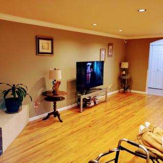 A cozy living room with a television, hardwood flooring, and stylish decor.