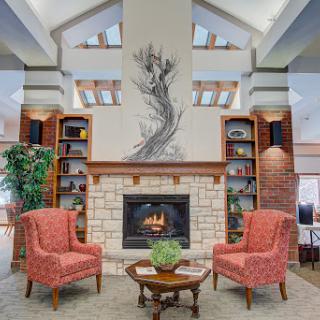 A cozy living room featuring a central fireplace, comfortable chairs, and elegant decor.