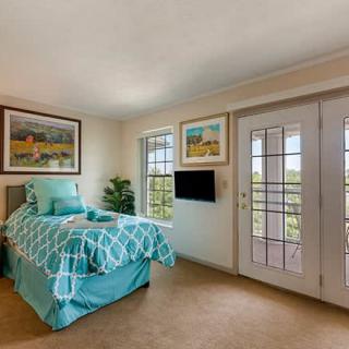 A cozy bedroom featuring a turquoise themed single bed, adorned with wall art and bright windows leading to a balcony through French doors.
