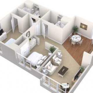 A 3D floor plan of an apartment showing the layout of a living room, bedroom, kitchen area, and bathrooms.