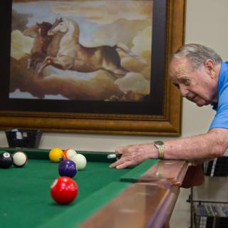 An elderly man playing billiards on a pool table with a painting in the background.