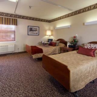A cozy hotel room featuring two single beds with complementary decor and a carpeted floor.