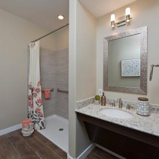 A modern bathroom with a shower area and well-lit vanity.