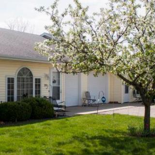 A suburban house with a blooming tree and green lawn.