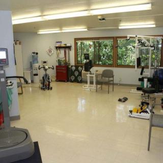 A physical therapy room equipped with various exercise machines and therapy tools.