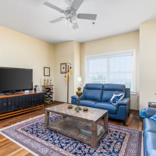A cozy living room with blue sofas, a wooden coffee table, and a patterned rug on a wooden floor.
