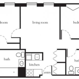 A floor plan of an apartment showing the layout with a living room, kitchen, bathroom, and bedrooms.
