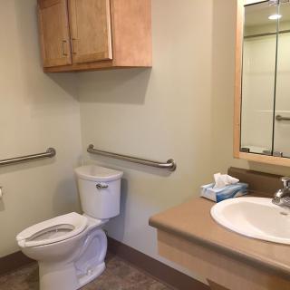A clean and accessible bathroom with a toilet, sink, and handrails.