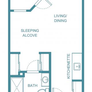 A floor plan of a studio apartment featuring a living/dining area, sleeping alcove, kitchenette, and bathroom.
