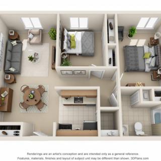 A 3D floor plan of an apartment featuring a living room, dining area, two bedrooms, a kitchen, and a bathroom.