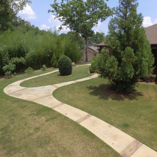 A scenic garden landscape with a winding pathway, surrounded by grass, trees, and shrubs.