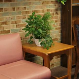A cozy corner with a chair, wooden table, and a potted plant against a brick wall.