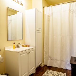 A cozy bathroom featuring a shower curtain, vanity with a mirror, and neutral tones.
