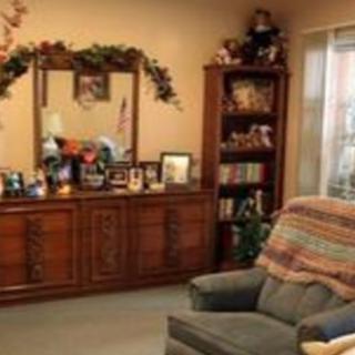 A cozy living room with a wooden dresser, mirror, bookshelf, and comfortable armchair.