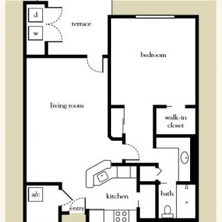 A floor plan of a one-bedroom apartment featuring a living room, kitchen, bathroom, walk-in closet, and terrace.