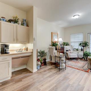 A cozy living space featuring a small kitchen area, comfortable seating, and various indoor plants on wood flooring.