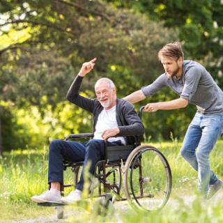A joyful moment shared between a caregiver and an elderly person in a wheelchair, enjoying the beauty of nature.