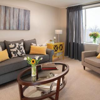 A cozy living room featuring modern furniture and a warm color palette.