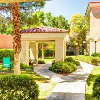 A sunny garden with a gazebo and winding pathways surrounded by lush greenery.