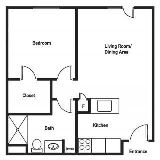 A floor plan of a one-bedroom apartment featuring a bedroom, living/dining area, kitchen, bathroom, and closet.