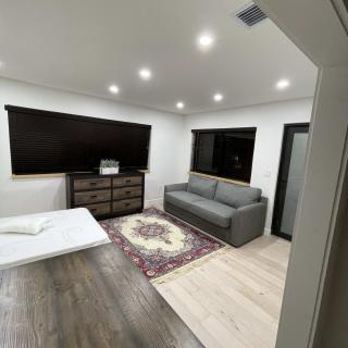 A modern living room with a sofa, dresser, and rug under recessed lighting.