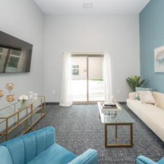 A modern living room with blue accents and sleek furniture.
