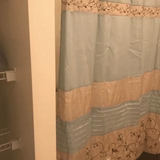 A bathroom with a blue and beige patterned shower curtain and shelves on the side.
