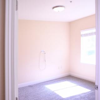 A bright, empty room with a window and carpeted floor.