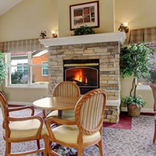 A cozy living room with a stone fireplace, table and chairs, and indoor plants.