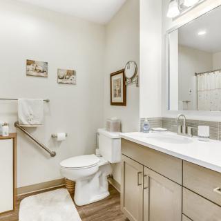 A modern bathroom featuring a toilet, a sink, and decorative elements.