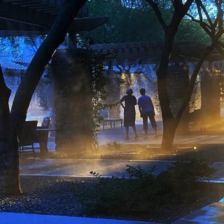 Two people walk along a misty, tree-lined path illuminated by blue lighting.