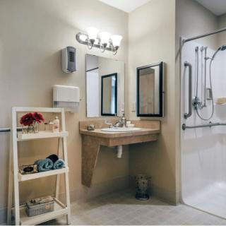 A modern bathroom with a sink, mirror, and accessible shower area.