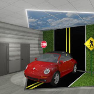 A modern indoor parking space featuring a red car, road signs, and a sky-themed ceiling.