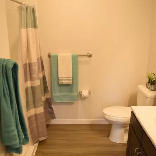 A modern bathroom with neatly arranged towels in blue and white hues, a shower curtain, and a clean toilet.