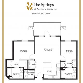 A detailed floor plan of a two-bedroom apartment at The Springs at Greer Gardens.