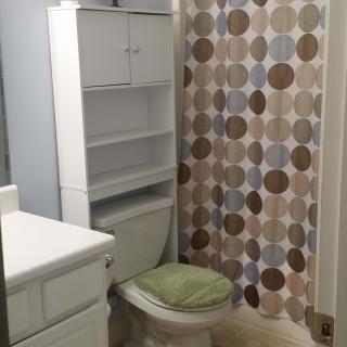 A small bathroom featuring a shower with a patterned curtain, a toilet with a green cushion, and white shelving above the toilet.