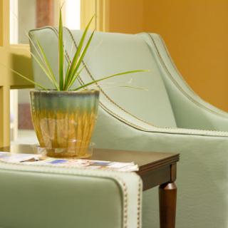 A serene corner featuring a stylish mint-green chair and a decorative plant on a side table.