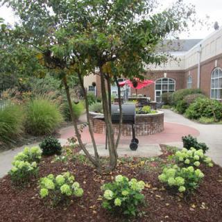 A beautifully landscaped garden with shrubs and flowers surrounding a patio area with outdoor seating.