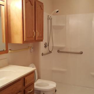 A bathroom featuring a shower with grab bars, wooden cabinets, and a toilet.
