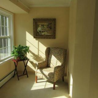 A cozy corner with a patterned armchair, a small table with a plant, and wall art illuminated by sunlight through a window.