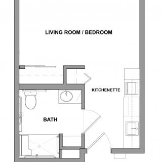 A floor plan of a studio apartment with a combined living room and bedroom, a kitchenette, and a bathroom.