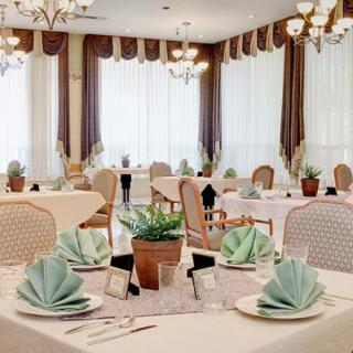 An elegant dining area with neatly arranged tables, decorative plants, and a warm ambiance.