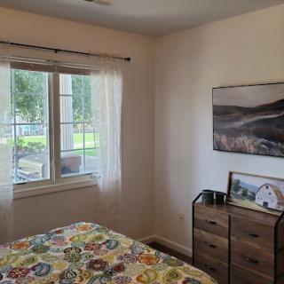 A cozy bedroom featuring colorful bedding and a peaceful view outside.