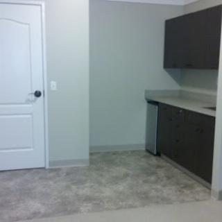 A small kitchenette area featuring cabinets and a countertop, with a door leading to another space.