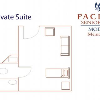 Floor plan of a private suite at Pacifica Senior Living in Moreno Valley.