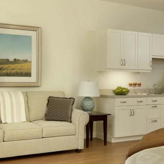 A cozy living room with a sofa, painting, and adjacent kitchen area featuring white cabinets.