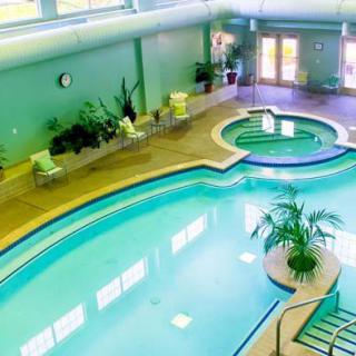 An indoor swimming pool with an adjacent hot tub, surrounded by plants and seating, in a recreational facility.