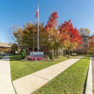 A school entrance with a flagpole surrounded by autumn trees and a neatly maintained sidewalk and lawn.