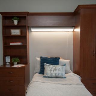 A cozy modern bedroom featuring a neatly made bed, stylish pillow, and a wooden shelf with decorative plants.