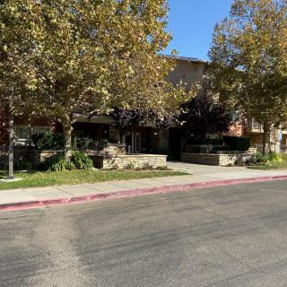 A quiet street view featuring a building surrounded by trees in autumn.